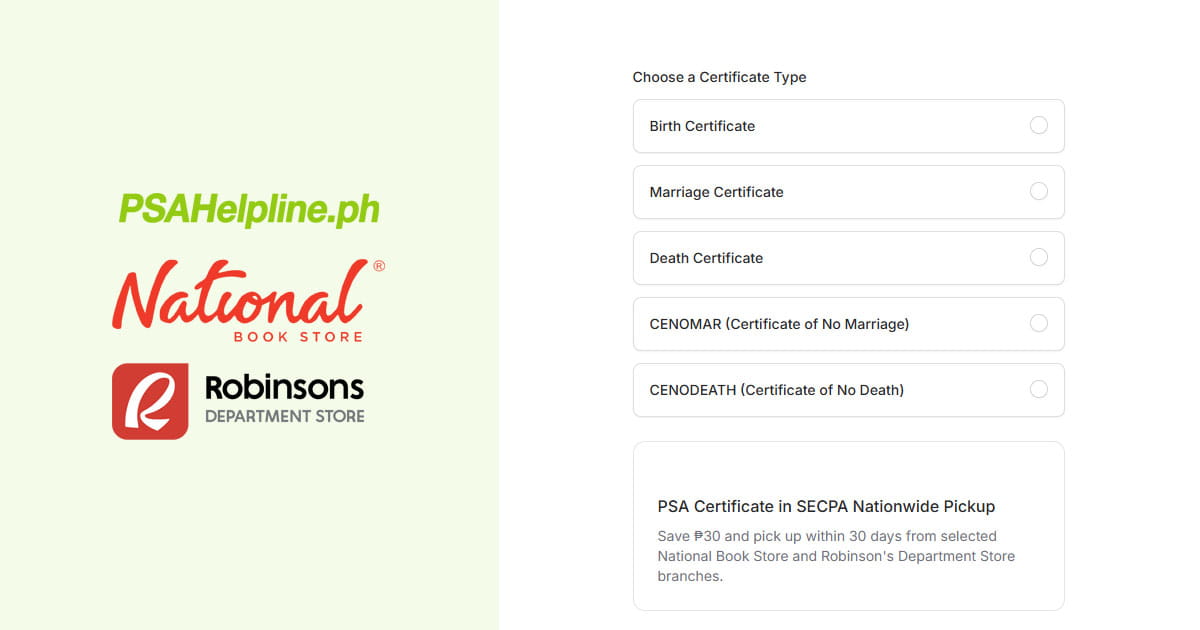 PSA birth certificate pick up at National Book Store and Robinsons Departmet Store branches.